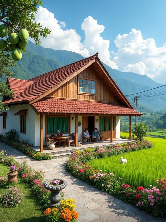 Charming two-story country house surrounded by rice fields and flowering gardens. House features a rustic red clay tile roof and white plastered lower walls with natural wood accents. People seated on a veranda enjoying conversation. Stone pathway leads through colorful flower beds to the house. Green grass lawn with small white dog playing. Lush green rice fields extend to the horizon under a partly cloudy blue sky with distant mountains.