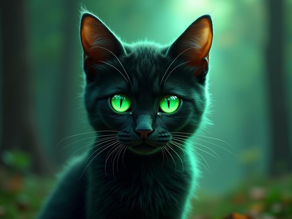 A cat with emerald green eyes in a mystical forest background. The cat is black with vivid eyes and captivating gaze.