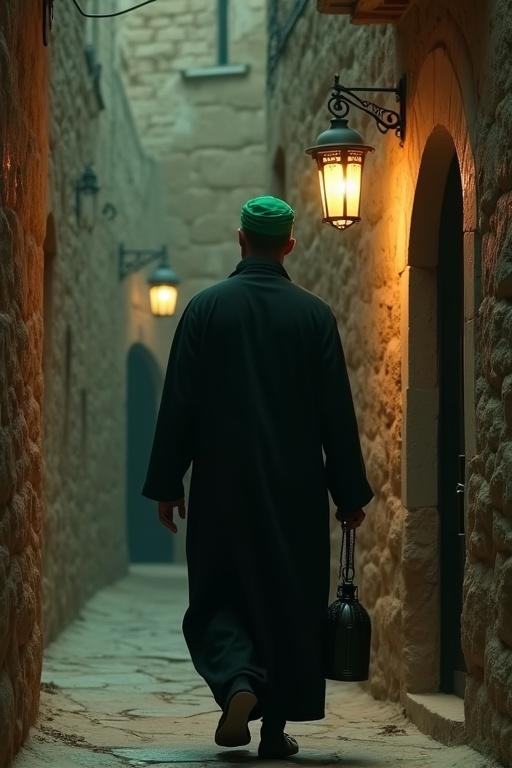 A Muslim man in dark robe and green turban walks down an old alleyway at night. He carries a lantern in one hand. Stone walls are adorned with faded calligraphy. The scene has a dramatic and mysterious feel.