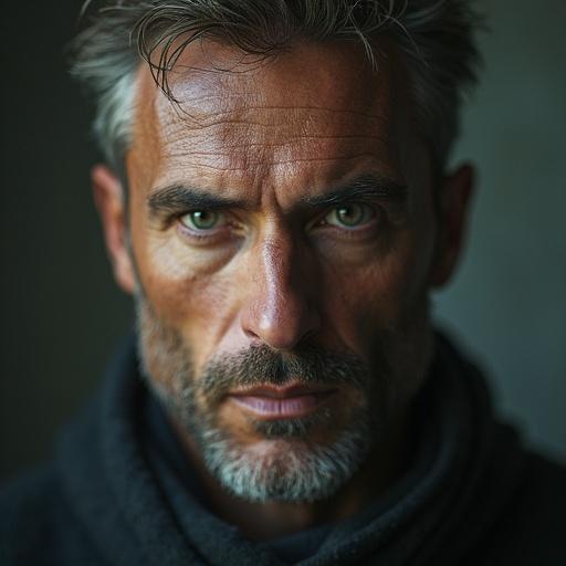 A hyper-realistic image depicting a cross-eyed man with intense gaze and facial features. Natural skin tones used in portrait.
