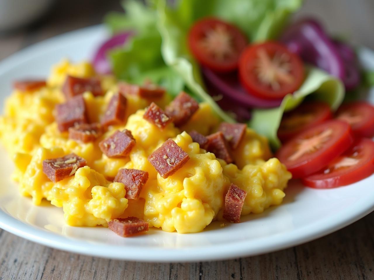 This image showcases a plate of scrambled eggs enriched with cheese, complemented by crispy bacon strips. A side salad adds freshness with vibrant greens and cherry tomatoes. The dish is garnished with chives and a slice of lemon, enhancing the presentation. Soft natural light highlights the creamy texture of the eggs and the savory appeal of the bacon. This delightful breakfast plate is perfect for morning meals or brunch gatherings.