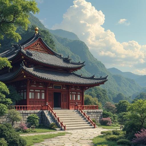 Traditional Asian temple set amidst mountains and greenery. The architecture features intricate design and vibrant colors. Surrounding gardens enhance tranquility. Sky filled with soft clouds completes the serene atmosphere.