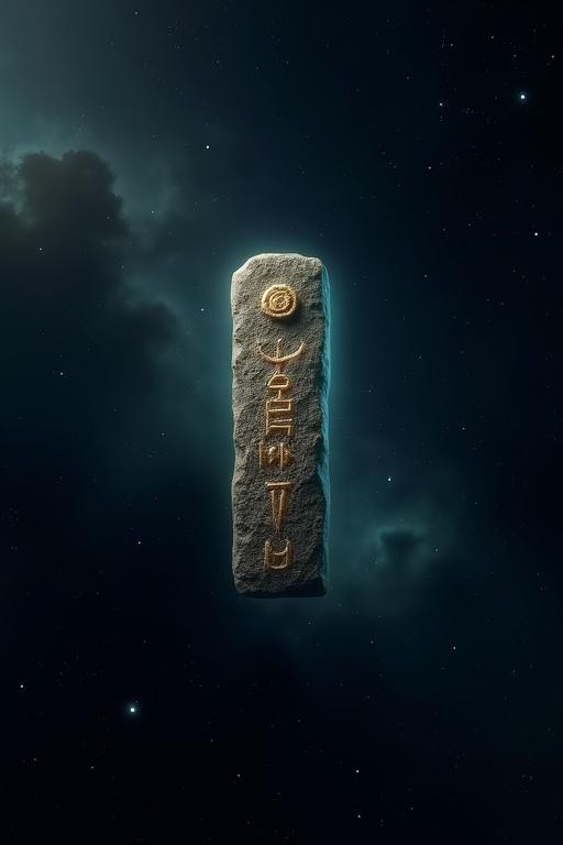 Ancient Egyptian hieroglyph carved from cosmic stone floats in deep space. Background features dark cosmic tapestry with nebulae and starfields. Hieroglyph emits soft glow, illuminating surroundings. Centered composition with cinematic lighting.