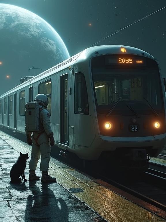 Surreal sci-fi scene. Dimly lit futuristic train platform in outer space. Earth visible in background. Glowing sun flare adds illumination. Sleek silver subway train labeled '2095'. Train displays route number '22'. Astronaut in worn space suit standing. Solitary posture implying sorrow. Black wolf with glowing amber eyes sits beside astronaut. Cinematic atmosphere enhances themes of isolation and loss.