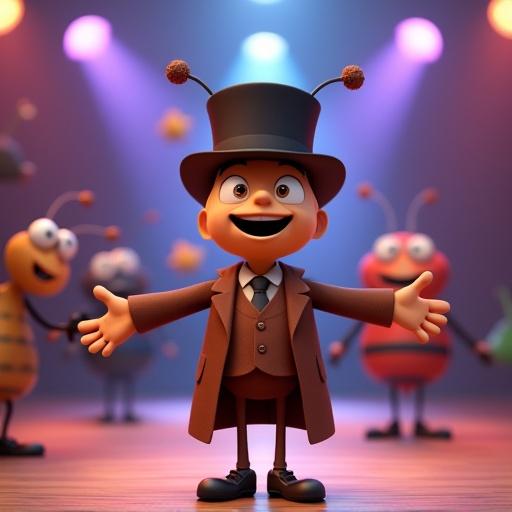 3D rendering of a cartoon character on stage. Character wearing brown suit and black top hat with antennae. Character has a big smile, arms stretched. Background features other insects, one flying towards camera. Stage lit with colorful lights.