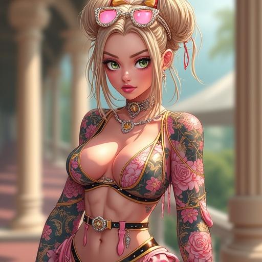 Anime theme featuring a futuristic woman with emerald green eyes and elegant light blonde hair. Dressed in a modern luxurious outfit with traditional Japanese tattoos. Set inside an upscale store with bright colors and morning light.