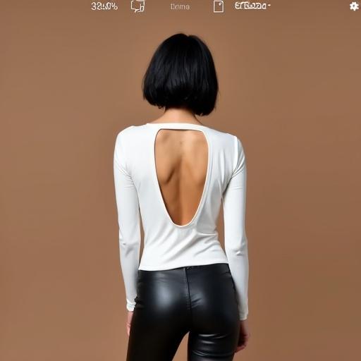 Image shows person with short black hair wearing white long-sleeve top with deep V-back design and black leather pants standing against plain brown background. Image taken from behind showing back of body. Top text in Spanish reads about slim and strong woman. Bottom has mobile app icons.