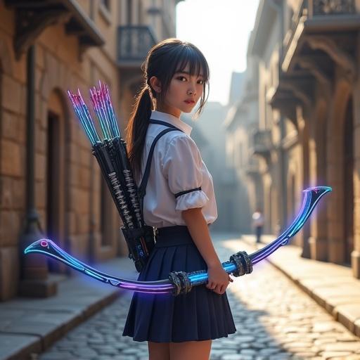 Realistic high school girl archer stands in medieval European stone street. Wearing Japanese school uniform. Modern design with white blouse and navy pleated skirt. Durable boots. Carrying high-tech colorful energy bow. Blue gradient colors with glowing bowstring. Quiver on back. Futuristic weapon contrasts with cobblestone streets. Morning sunlight shines softly. Calm and determined expression. Detailed cinematic lighting. Complex textures visible. Sharp contrast in style. Glowing elements present. Vibrant sci-fi design visible. Anachronistic theme. Low ponytail hairstyle with loose strands. Natural hair movement noted. Mixed European and Japanese descent features present. Delicate skin with translucency. Almond-shaped eyes. Elegant beauty depicted.