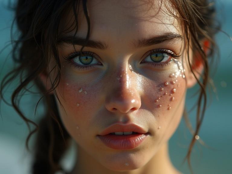Portrait of a young woman with water droplets on her face. Hyperrealistic style. Beautiful facial features. Detailed and vibrant colors.