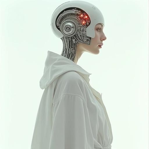 Realistic character sheet of humanoid robot Sophia designed by Cindy Sherman. Frontal and side view representation. Dressed in white linen with a normal face and crystal skull displaying tiny LED lights and visible circuits. The aesthetic resembles 1980s unauthorized photographs with a white background.