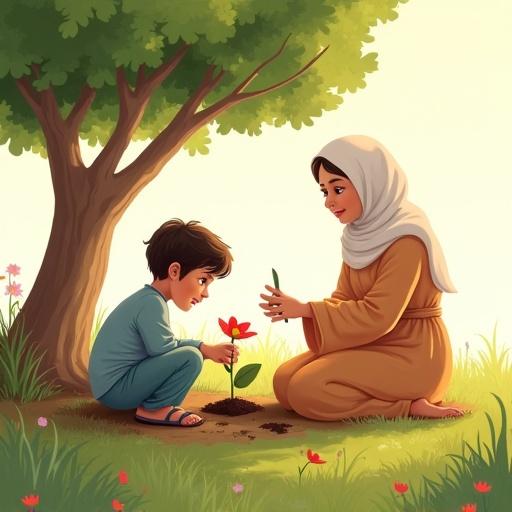 Children's storybook-style illustration depicts a young boy named Zaid under a small tree planting a red flower with his mother nearby. The scene is in a peaceful home garden with soft green grass and scattered flowers.