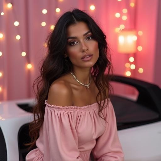 A young woman poses in a pastel pink off-shoulder dress. She has black wavy hair and bright skin. The background features cozy pink decor with fairy lights. A stylish white Lamborghini is also present in the scene.