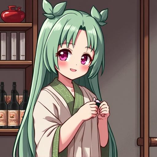 Anime character with long green hair smiling while holding something. Dressed in a traditional outfit. Background suggests a warm and cozy atmosphere.