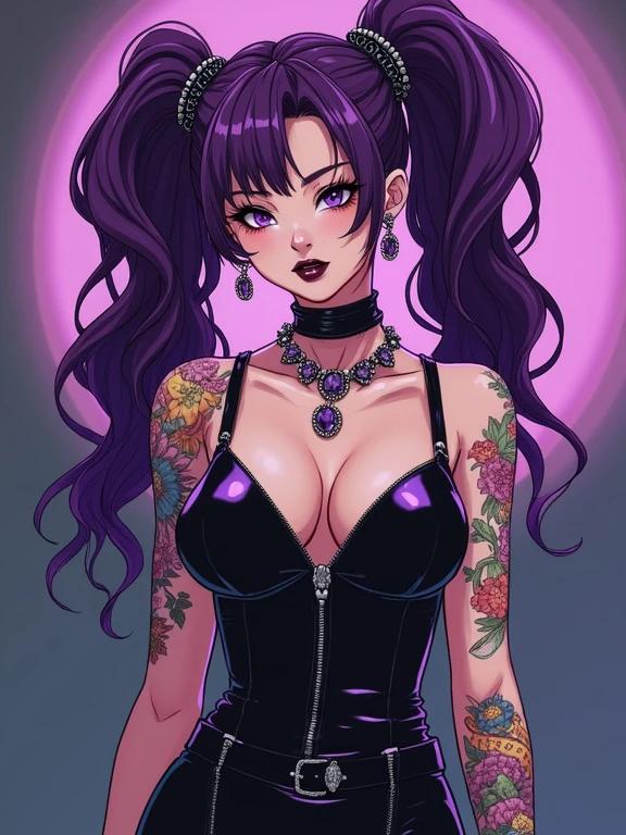 Artistically rendered image of a woman depicting anime style with fantasy elements. The character wears a high fashion leather dress with an edgy design featuring vibrant colors. Amethyst purple jewelry highlights her stylish appearance. Bold tattoos cover her skin creating a unique fusion of traditional and modern aesthetics. Large pigtails and detailed accessories enhance her distinctive look. Background is a gradient with glowing purple tones.
