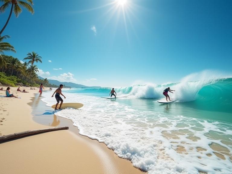 Breathtaking hyperrealistic beach scene captured in full daylight. Pristine tropical coastline during bright and clear midday. Perfectly blue cloudless sky with strong natural sunlight. Sharp focus from foreground to background with lifelike quality. Crystal-clear turquoise water with detailed reflections. Ocean floor visible with ripples and shadows. Powerful waves forming dramatic swells. Skilled surfers riding the waves with dynamic poses. White sand shoreline with footprints and natural water patterns. Authentic beach elements like driftwood and seashells. Lush palm trees swaying with a gentle breeze. Scattered beachgoers enjoying the day in the background. Professional and balanced composition. No grain or artificial effects, just ultra-detailed natural realism.