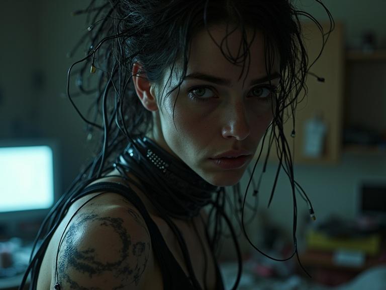 Intimate close-up portrait of a human figure in a cluttered cyberpunk bedroom. Character has visible cybernetic modifications including wiring and neural implants. Tangled cables connect to monitors in a dimly lit space. The atmosphere is gritty and melancholic, filled with personal clutter and low-tech, high-impact elements.