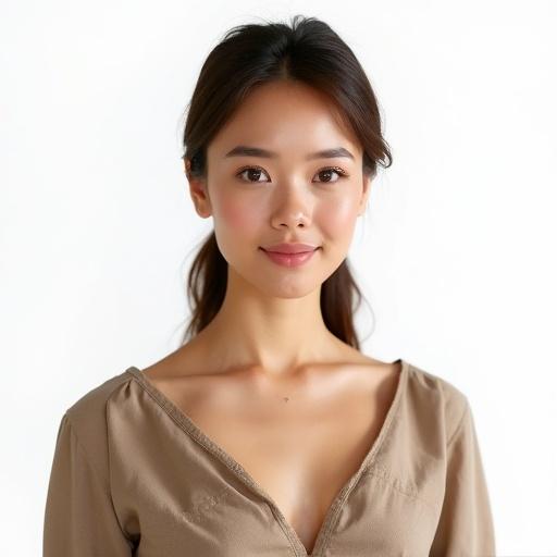 Portrait of a stunningly beautiful 25-year-old European village woman. Focus on upright upper body. Elegant symmetrical face with refined features. Porcelain-like smooth skin without blemishes or spots. Soft aura evoking maternal feelings. Warm almond-shaped eyes with long lashes. Well-defined flat eyebrows. Gentle smile. Natural light brown hair tied back in ponytail with soft texture. Simple flattering linen dress in earthy tones. Ample bust with clearly defined cleavage. Slim waist. Highly detailed realistic texture. Soft natural lighting against a plain white background.