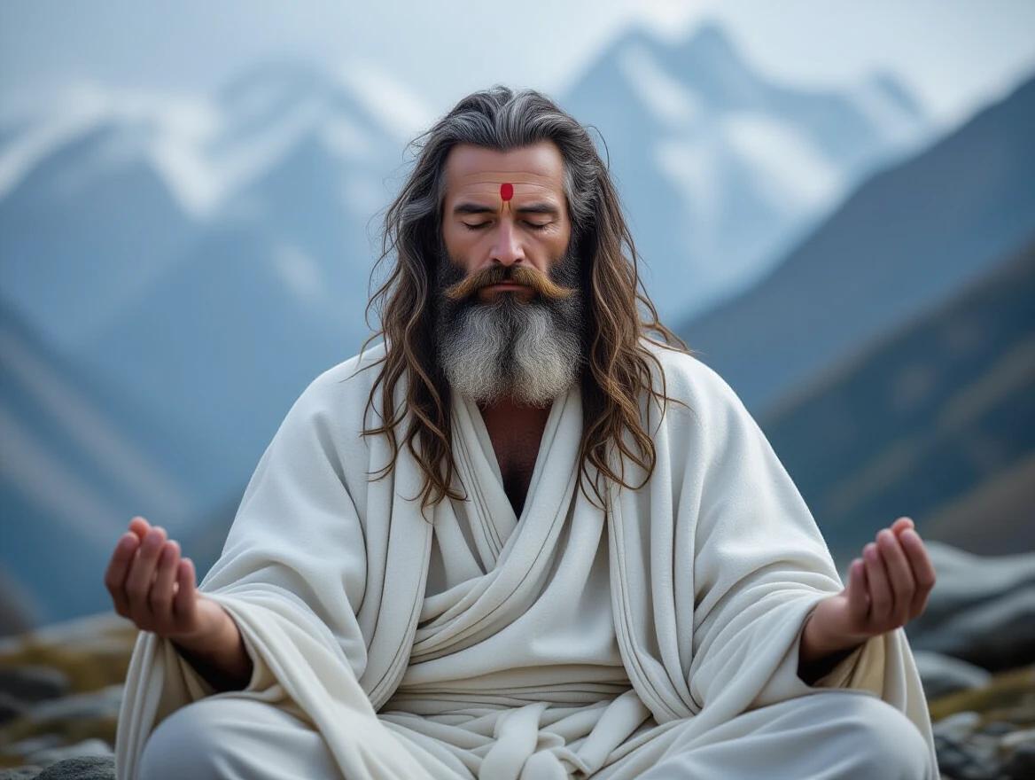 A spiritual man meditating in chilly mountains. The individual has long hair and a beard, dressed in an old thick white robe. The atmosphere is peaceful. The figure appears extremely focused.