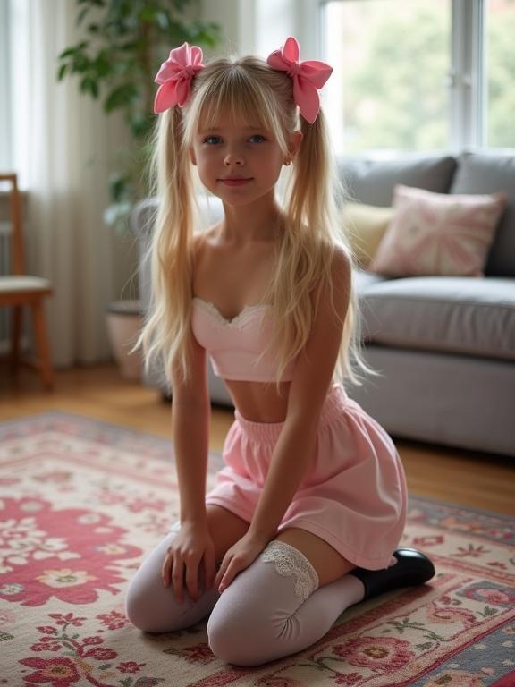 A young girl with long blonde twin tails adorned with pink bows kneels on a colorful rug in a softly lit living room. She wears a matching crop top and pale pink skirt, with thigh-high socks that have lace details and black shoes. The scene exudes a playful and cute vibe.