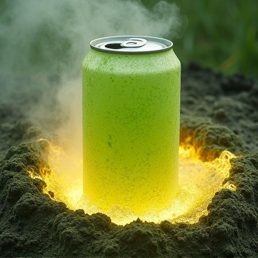 A soda can bursts with mint-lemonade lava. Bright green color dominates the scene. Steam and bubbles surround the can in a crater-like formation.