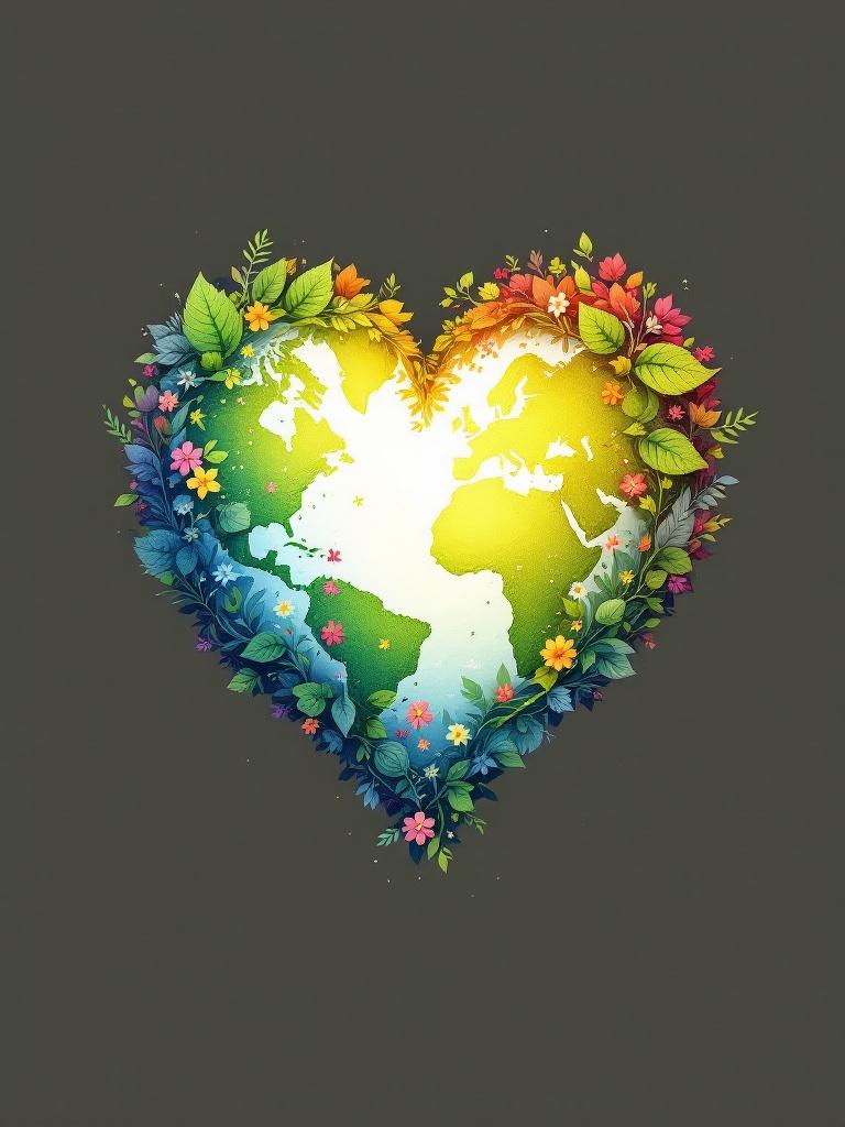 Design featuring a heart made of leaves and flowers encircling the Earth. Bright colors and floral elements create a vibrant illustration. Symbolizes love and care for the planet.