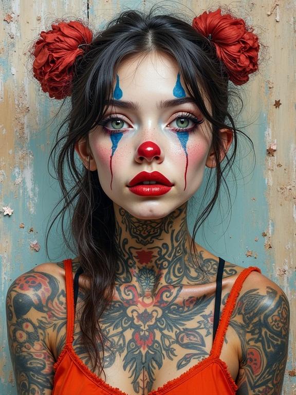 An oil painting featuring a mixed media collage. A full body tattooed young woman styled as a sexy clown. Thick and textured impasto technique used. Elements include newspaper, jute fibers, wood, sand, glittering confetti, origami. The background is scratched and exhibits drops and tears, enhancing texture.