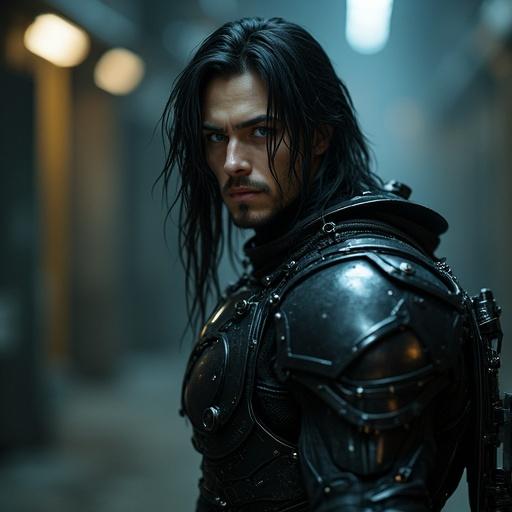 Photo-realistic portrait of a male character dressed in metallic armor. The character has long black hair and a serious expression. Background is dim and industrial with a cyberpunk aesthetic. The character has intricate armor details and blue eyes.