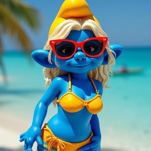 Character with blue skin wearing yellow bikini and red sunglasses on a beach. Palm trees and ocean in the background. Cartoon style and playful theme.