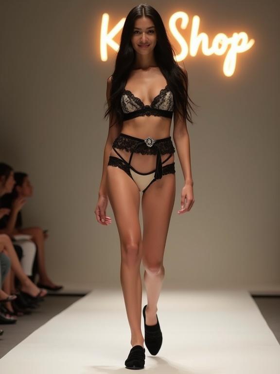 A slender young woman with long black hair wears lingerie. She has a delicate figure and confident pose. The model smiles at the camera while walking on a white podium. A glowing 'Kira Shop' sign appears in the background. Her outfit includes a champagne silk bustier top with black lace details and high-waisted boxer shorts. A black satin belt accentuates her waist. Footwear consists of black velvet mid-heel mules with rhinestone buckles.