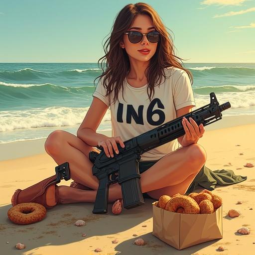 Brunette girl sits on sandy beach. She wears sunglasses and T-shirt that says IN6. In her hand is a .50 caliber machine gun. Beside her is a bag of assorted bagels. Waves roll in the distance. The scene blends military and beach themes.