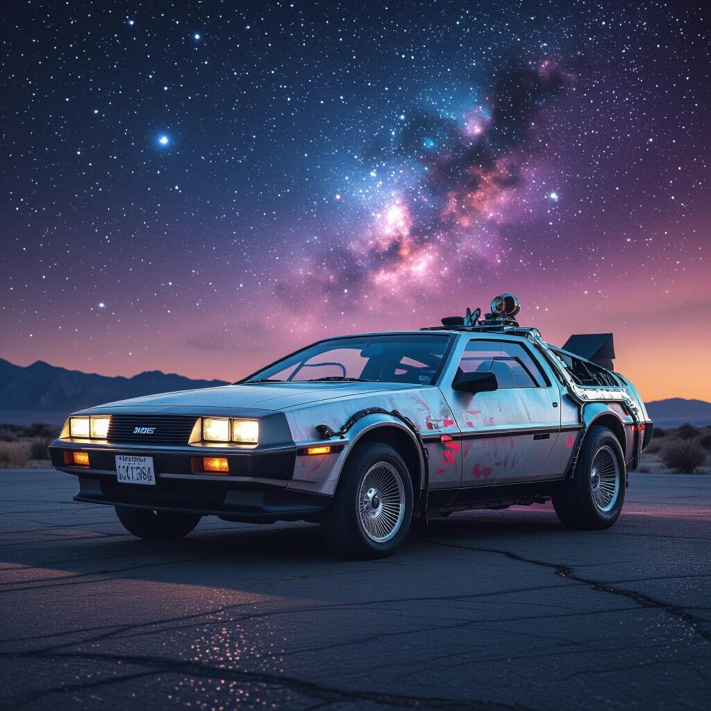 Car parked in dark setting. Faded colors reflecting night scene. Nebula sky above with stars visible. Futuristic angular design. Low rider style car. Raw photographic quality.