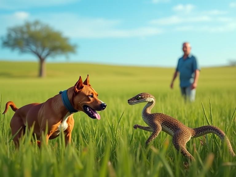 Vibrant green pasture on a sunny morning with blue sky. A caramel-colored pit bull in an attack stance facing a dinosaur-like creature. The creature appears playful and engaging. Softly blurred background shows an elderly farmer observing. Bright natural morning light highlights the scene, contrasting tension with the peaceful rural setting.