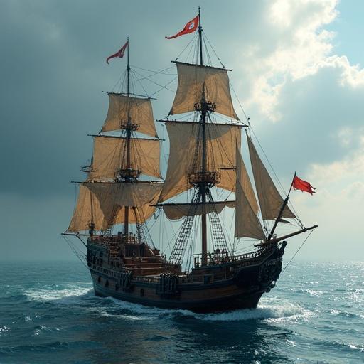 A pirate ship with billowing sails emerges from a misty ocean. The scene has a cinematic atmosphere with a cinematic style ratio of 16:10.