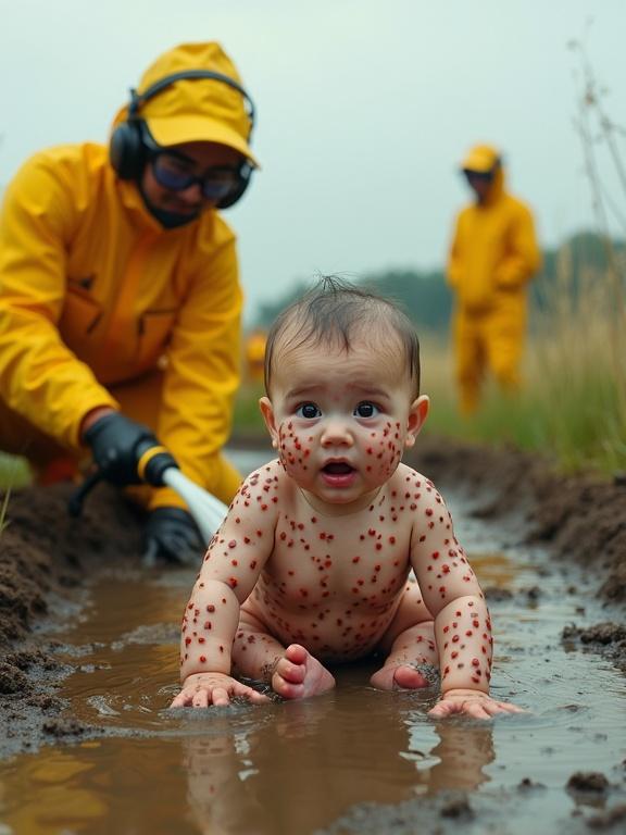 Hyper-realistic scene with a baby in a diaper sitting in a muddy puddle. Baby's body covered in red ladybugs. Baby appears tense and cries with wide eyes. Rescue worker in yellow protective suit sprays water. Another yellow uniformed worker observes.