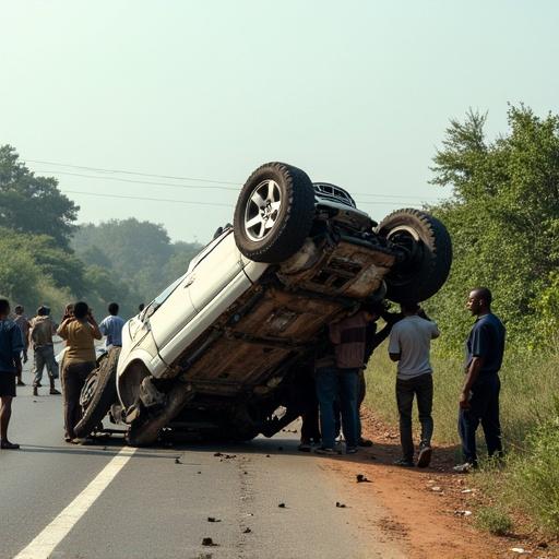 Realistic image of an upside down white sports utility vehicle involved in an accident. Nigerian passersby surround the vehicle, some pulling out passengers, some with hands over their heads, and some looking sad. The scene takes place on a highway in a rural area, with bushes on both sides of the road.