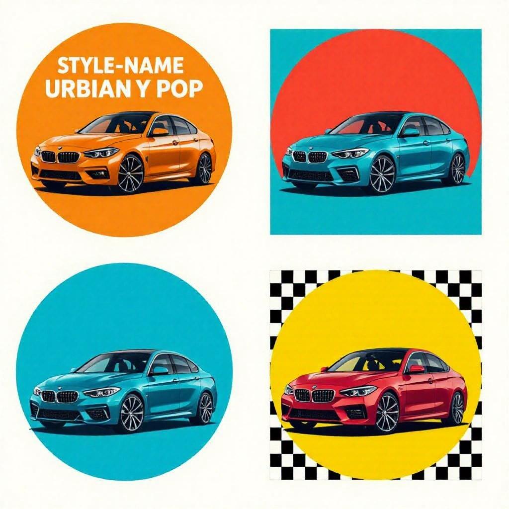 Image retexture in Bold Urban Pop Ad style. High-contrast pop-art photography. Display cars with vibrant colors. Overlapping circular backdrops. Modern compact model cars with exaggerated styling. Confident poses captured. Clean sans-serif typography at the bottom.