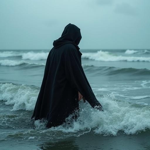 A man standing in the sea with his back to the camera wearing formal black attire. It is rainy weather with rough sea waves. The scene conveys contemplation and solitude amidst nature's fury.