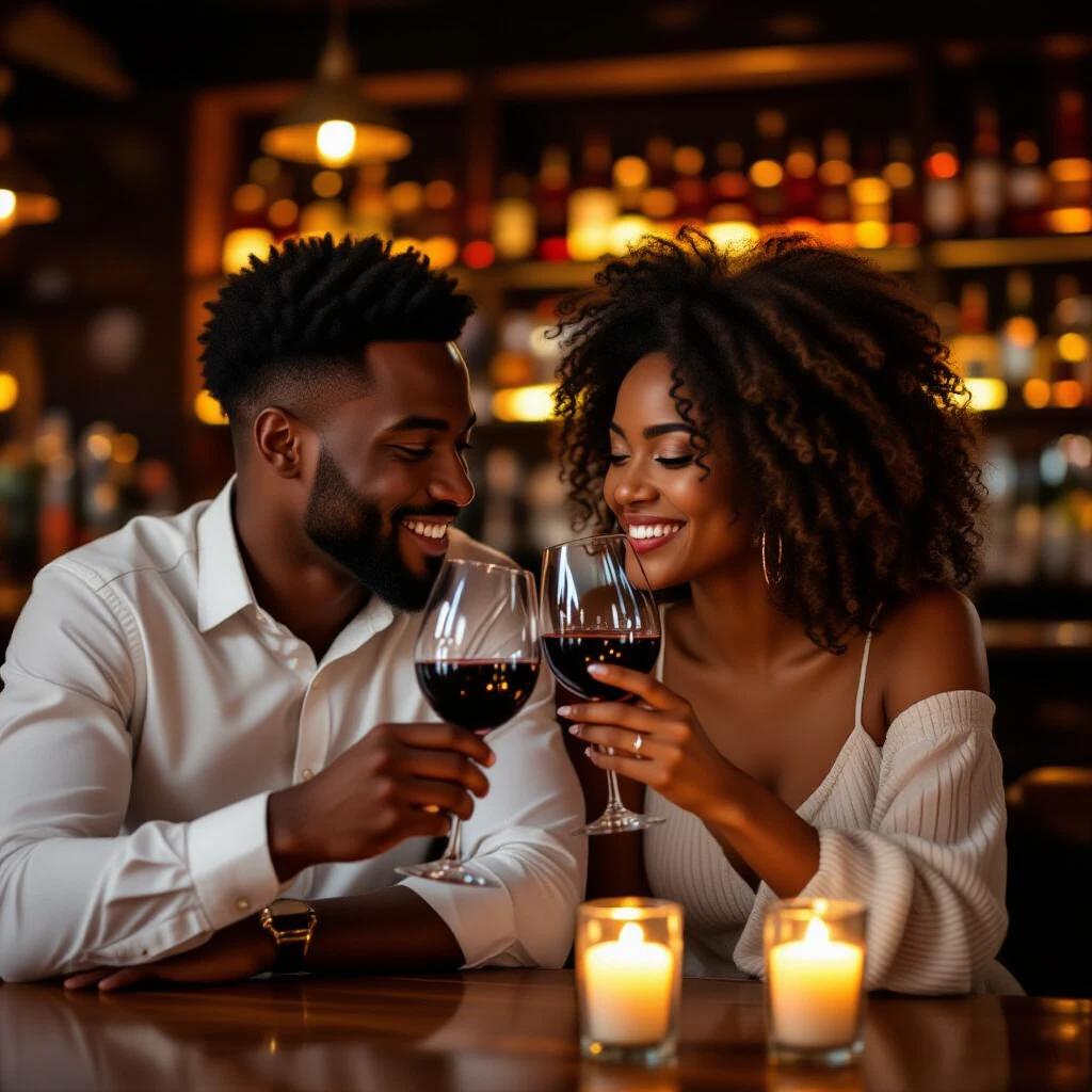 Hot couple enjoying drinks at a dimly lit bar. They are sharing a glass of wine. Close-up view. Candles illuminate their faces. Background shows a well-stocked bar. The couple looks happy and engaged. They have prominent Igbo features.
