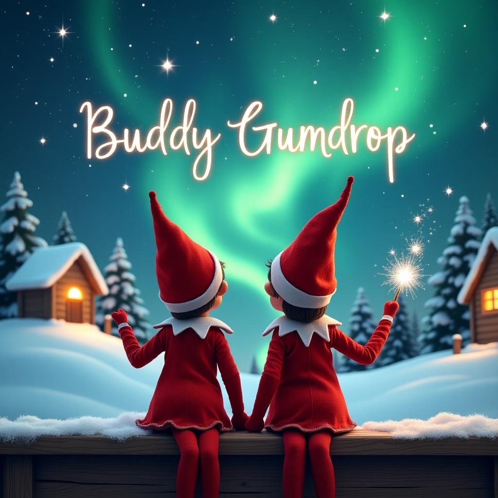 Two elves sit on a wooden ledge facing away. They gaze at a sky filled with Northern Lights. One elf wears a red outfit and pointed hat. The elf holds a sparkling wand and writes names in the sky. Background shows snowy land with cozy houses and evergreen trees. Scene embodies childhood magic during Christmas.