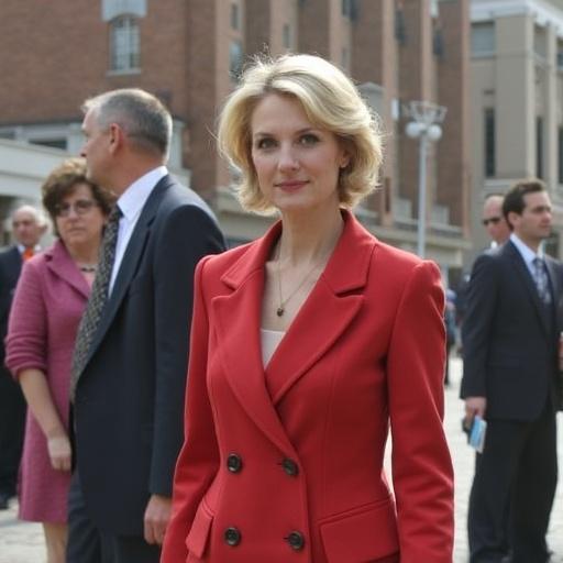 Woman in a red blazer standing outdoors with people in the background. Soft natural lighting and professional appearance.
