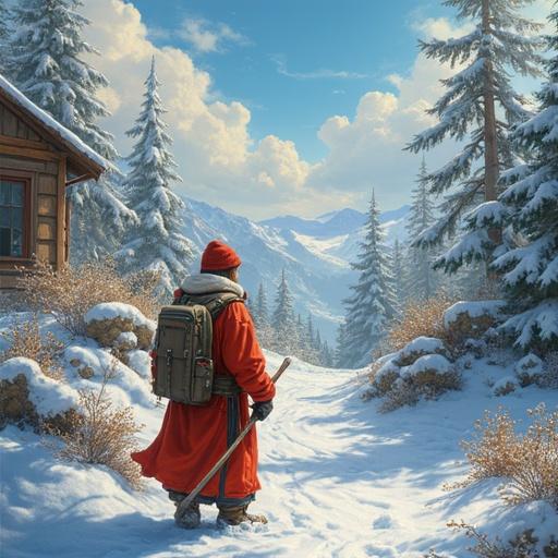 A winter landscape with snow-covered trees and mountains. A giant golden light beam descends from the sky lighting the frozen river and forest. A figure dressed in a white robe is descending from the light, looking peaceful and serene. The atmosphere is solemn and sacred with a cool color palette and hints of warmth from the light.