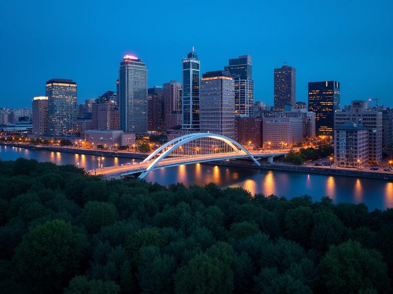 Photograph of a cityscape at dusk featuring modern and older buildings. A river runs through the scene with a bridge showing a white, curved light structure. Skyscrapers with illuminated windows stand tall. A dense forest occupies the foreground. Streetlights cast warm glows. The sky is deep blue with the last light of day. City lights reflect on the water. Various architectural styles are evident, from glass facades to brick. There is high contrast between the dark forest and the brightly lit city. Urban and natural elements coexist, creating a serene atmosphere. This is a wide shot capturing the evening light.