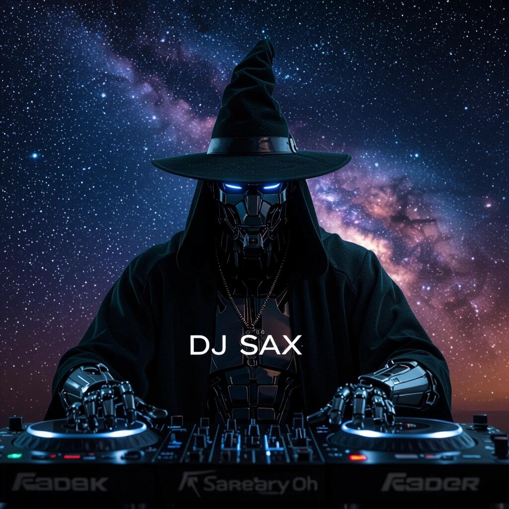 Close up of a dark cyborg wizard DJ on an album cover. Nebula sky at night in the background. Turntables display the name DJ SAX in small text.