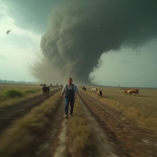 A chaotic scene mid-disaster with a farmer bracing against a tornado. Close handheld photo with blur and motion. Farmer's head appears from the lower corner expressing tension. A massive tornado ravages the farm with debris flying including livestock. Dark murky sky and harsh lighting depict the urgent moment.