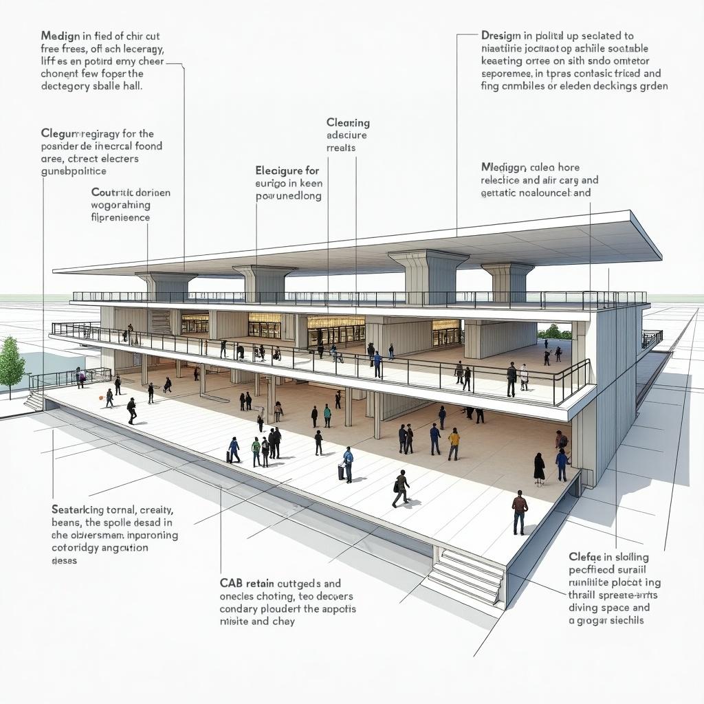 Design concept of Passenger Terminal Building highlighting departure hall. Focus on operational efficiency and customer service. Layout shows processing touchpoints for departing passengers. Includes check-in, immigration, and security screening locations. Airside retail outlets for food and beverages integrated in design.