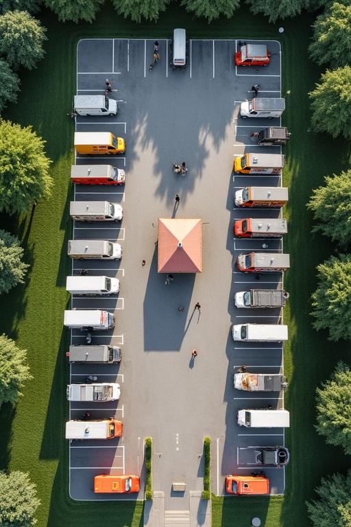 Aerial view of a trapezium parking lot. Forty four food trucks parked vertically in defined spots. Defined parking spaces with a gazebo in the middle. Pedestrian scene visible.
