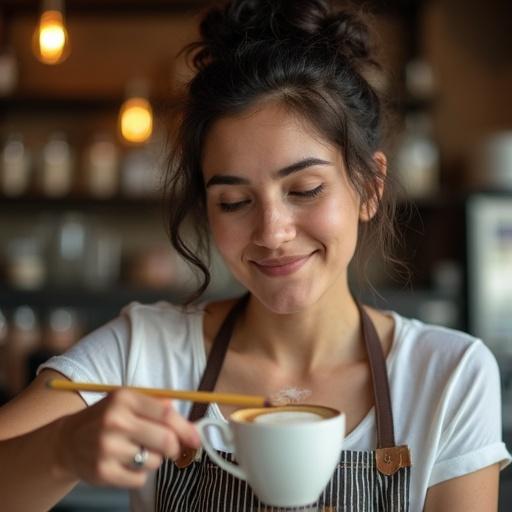 A woman steaming milk for a latte in a coffee shop. Upper lip has foam. Dark hair in a messy bun with a pencil. Striped apron with coffee stains. Hands with a silver ring. Morning light highlights freckles. She laughs as a customer points out foam on her lip.