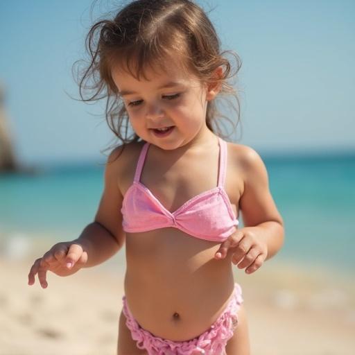 Cute young girl plays at the beach. She wears a tiny pink bikini and smiles. The ocean waves are visible in background. Clear sky and bright sunlight enhance the cheerful atmosphere.