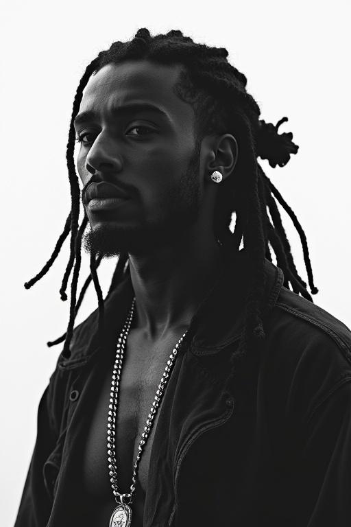 Minimalistic portrait of an individual against a white background. The subject has long dreadlocks and wears a chain necklace. The image focuses on the upper body without showing the face. Clothing style is urban and trendy. The background is completely white.