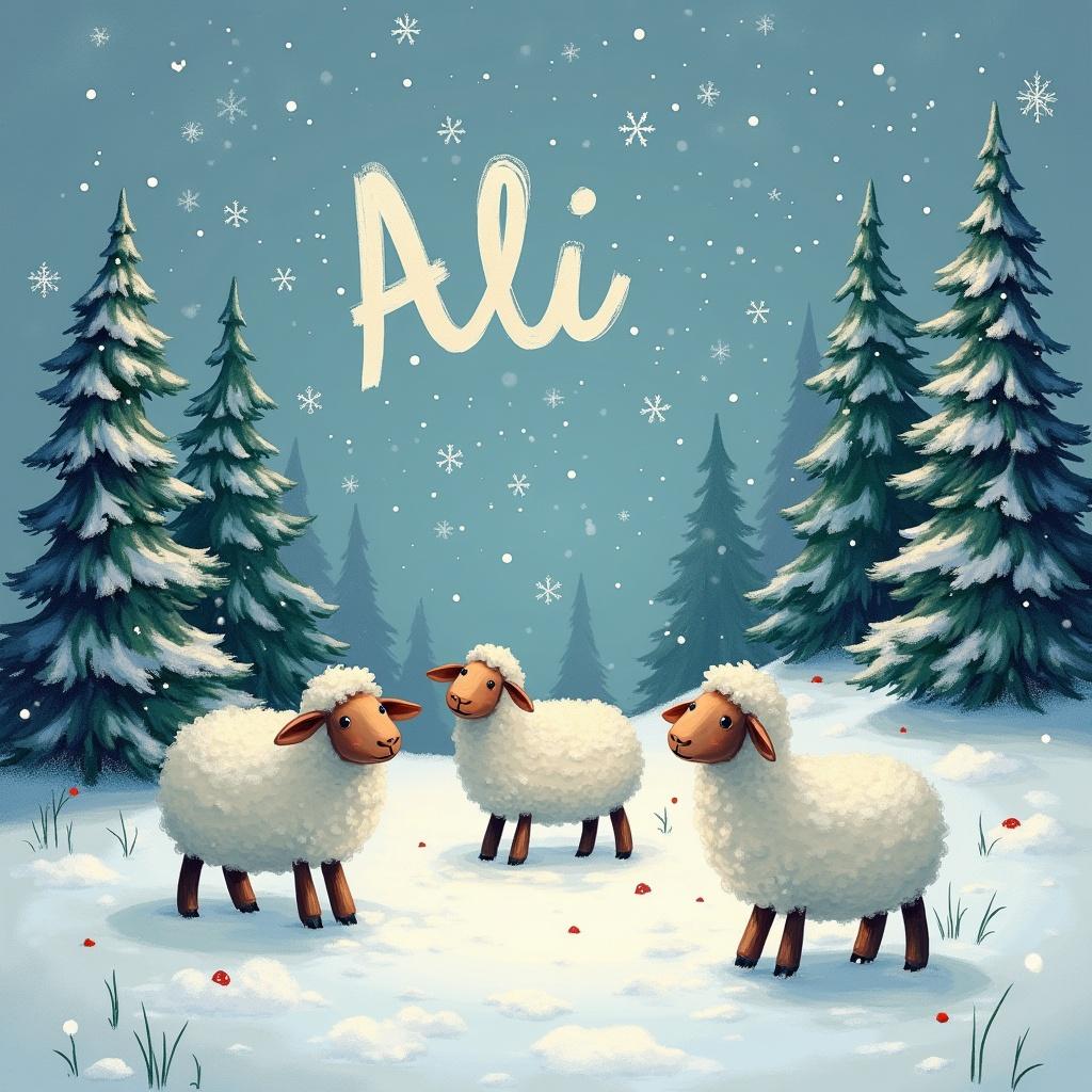 Sheep in the snow stand among Christmas trees. A fairy writes the name Ali in the snow. A whimsical winter scene.